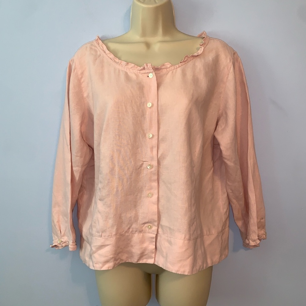 Eddie Bauer powder Light Pink Button-Front Women's linen Top ruffle trim p large